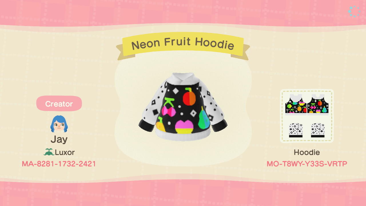 Animal Crossing Design Code: MO-T8WY-Y33S-VRTP Neon Fruit Hoodie