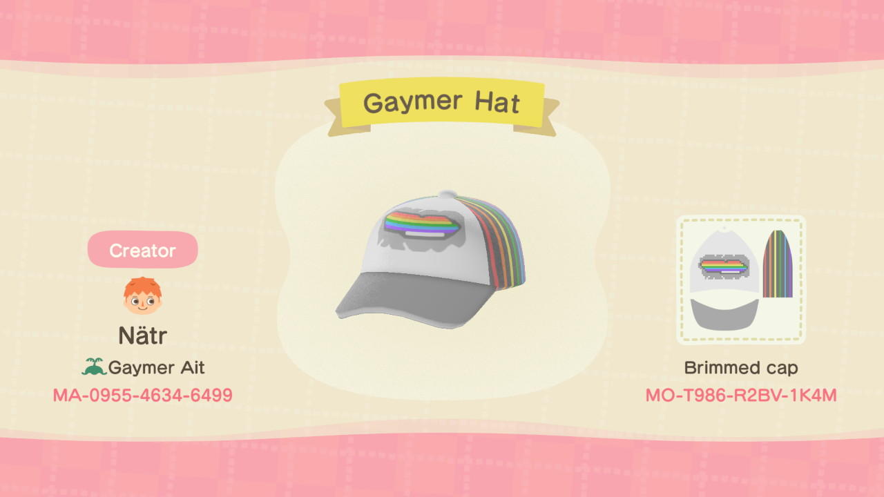 Animal Crossing Design Code: MO-T986-R2BV-1K4M Gaymer Hat