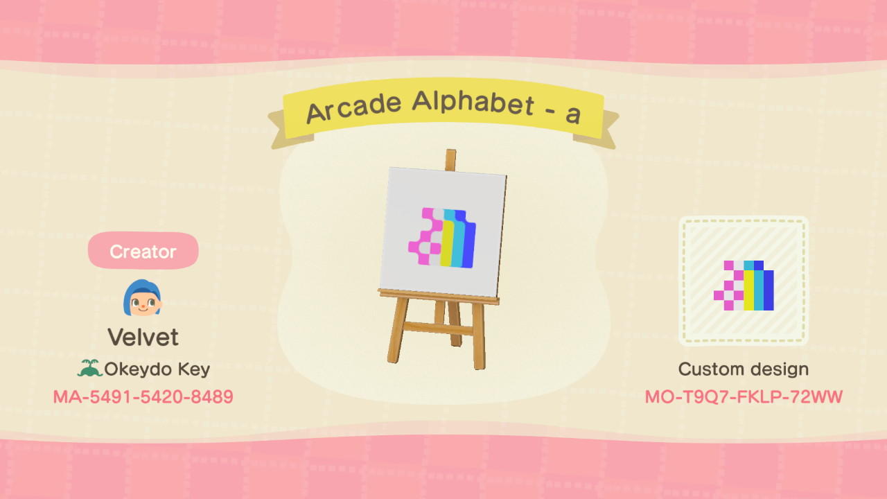 Animal Crossing Design Code: MO-T9Q7-FKLP-72WW Arcade Alphabet - a