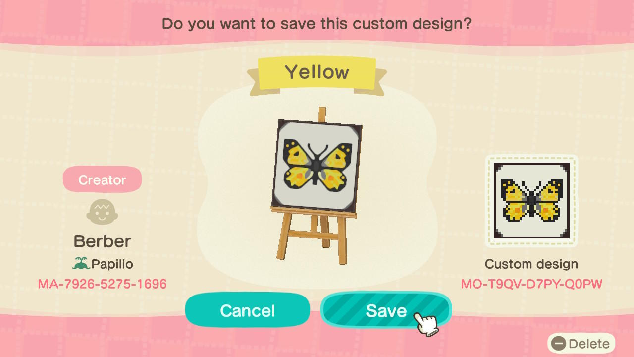 Animal Crossing Design Code: MO-T9QV-D7PY-Q0PW Yellow butterfly