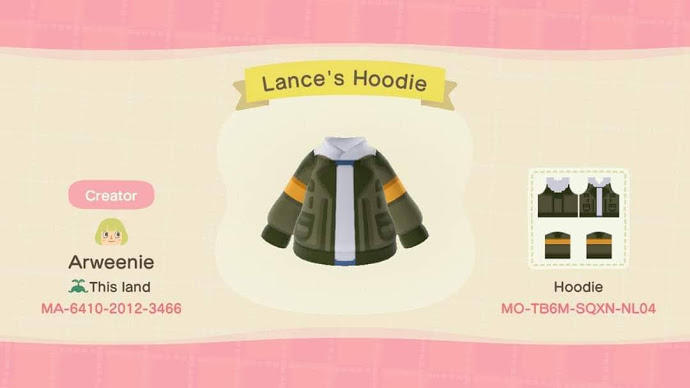 Animal Crossing Design Code: MO-TB6M-SQXN-NL04 Lances Hoddie