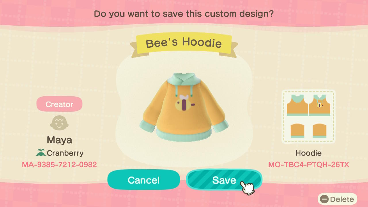 Animal Crossing Design Code: MO-TBC4-PTQH-26TX Bee&#39;s Hoodie