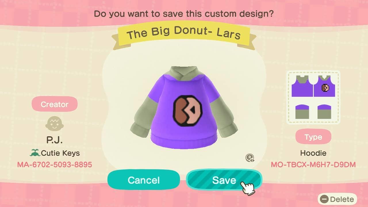 Animal Crossing Design Code: MO-TBCX-M6H7-D9DM The Big Donut- Lars