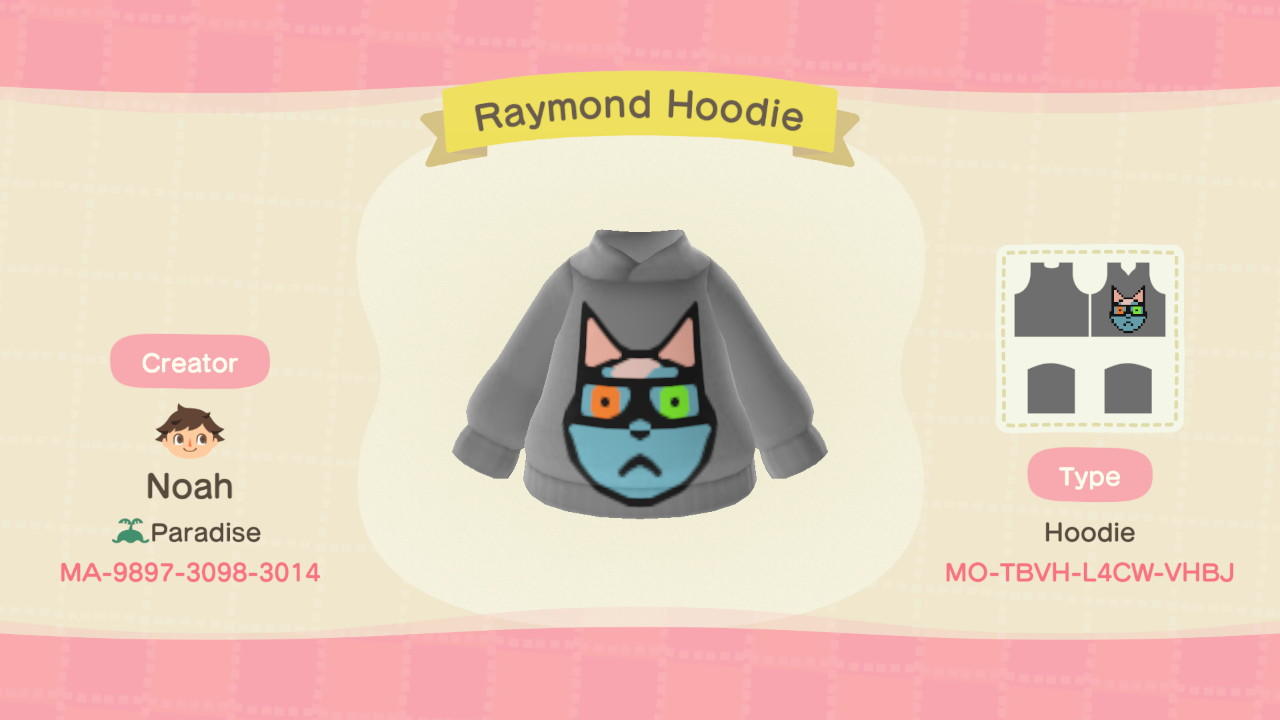 Animal Crossing Design Code: MO-TBVH-L4CW-VHBJ Raymond Hoodie