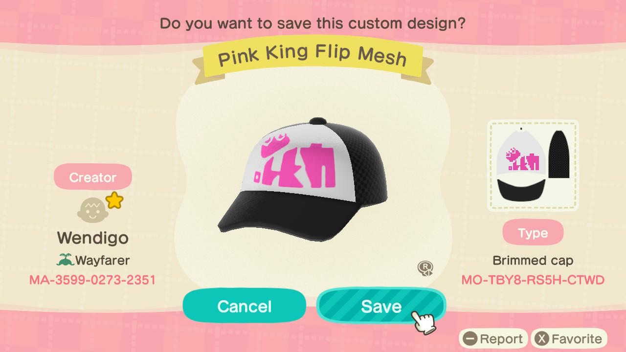 Animal Crossing Design Code: MO-TBY8-RS5H-CTWD Pink King Flip Mesh