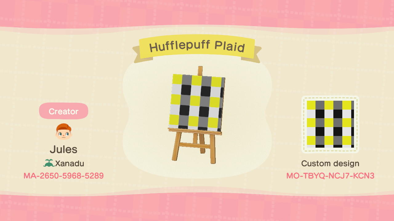 Animal Crossing Design Code: MO-TBYQ-NCJ7-KCN3 Hufflepuff Plaid