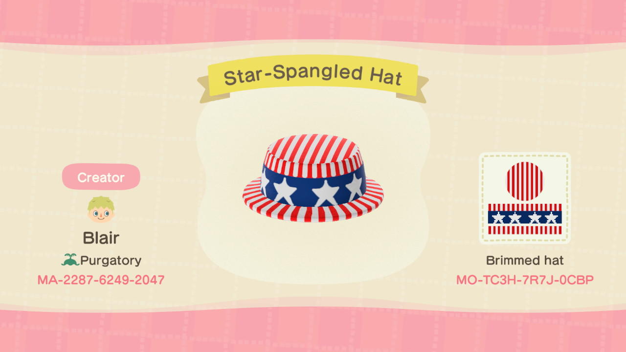 Animal Crossing Design Code: MO-TC3H-7R7J-0CBP Star-Spangled Hat