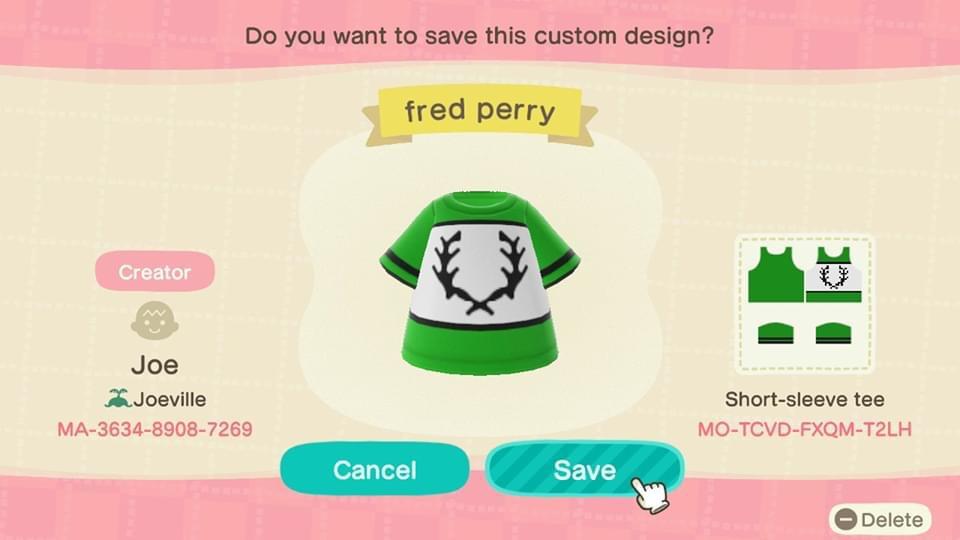 Animal Crossing Design Code: MO-TCVD-FXQM-T2LH fred perry