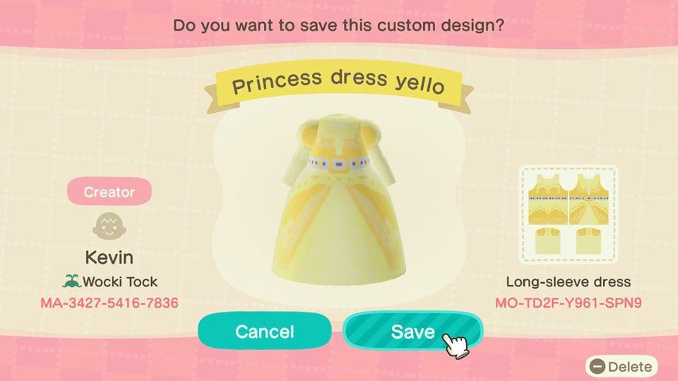 Animal Crossing Design Code: MO-TD2F-Y961-SPN9 Princess Dress Yello