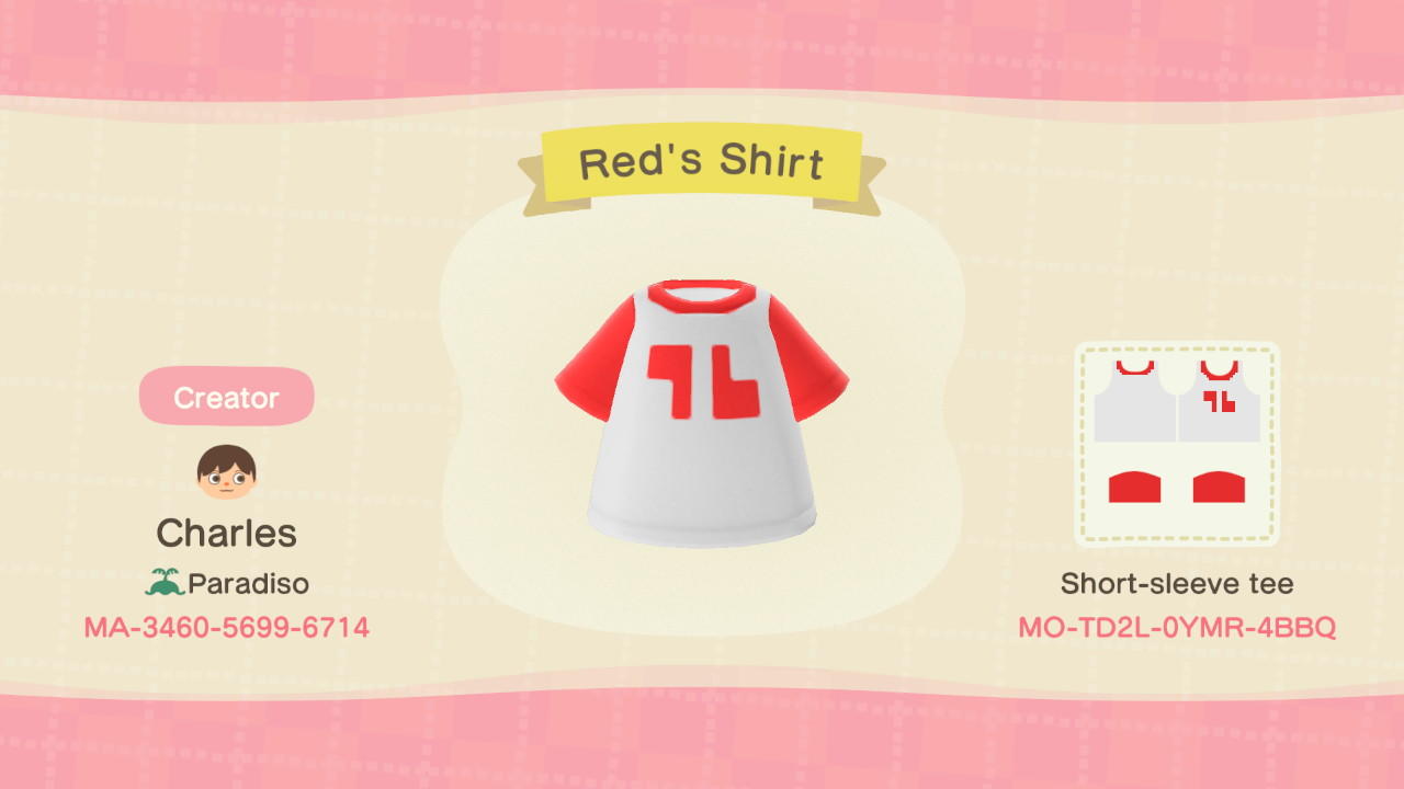 Animal Crossing Design Code: MO-TD2L-0YMR-4BBQ Red&#39;s Shirt