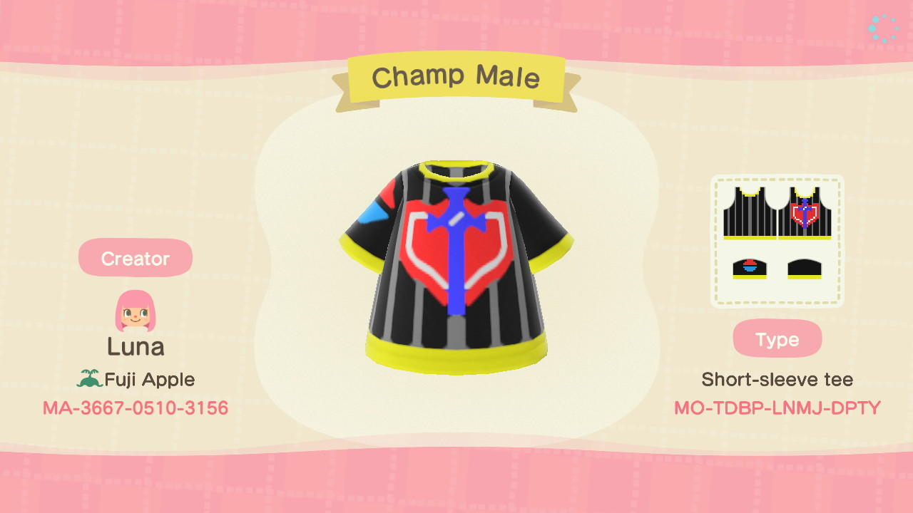 Animal Crossing Design Code: MO-TDBP-LNMJ-DPTY Champ Male