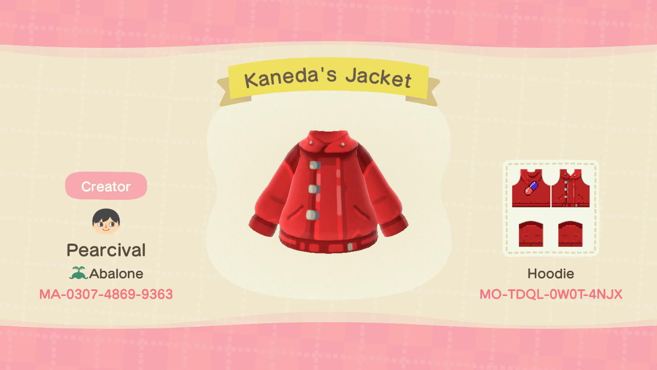 Animal Crossing Design Code: MO-TDQL-0W0T-4NJX Kaneda&#39;s Jacket