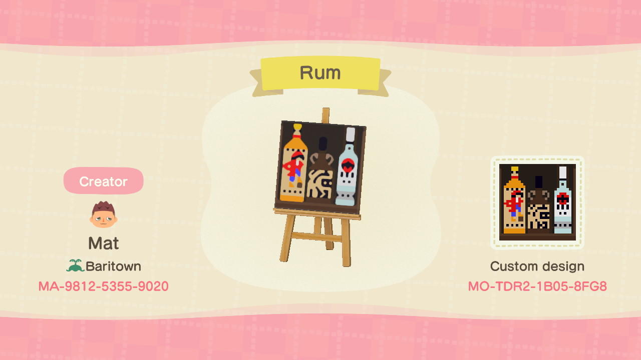 Animal Crossing Design Code: MO-TDR2-1B05-8FG8 Rum
