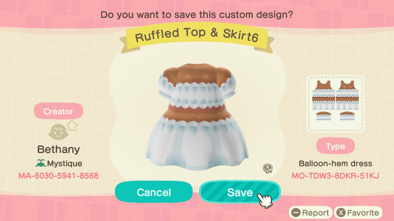 Animal Crossing Design Code: MO-TDW3-8DKR-51KJ Ruffled Top & Skirt6