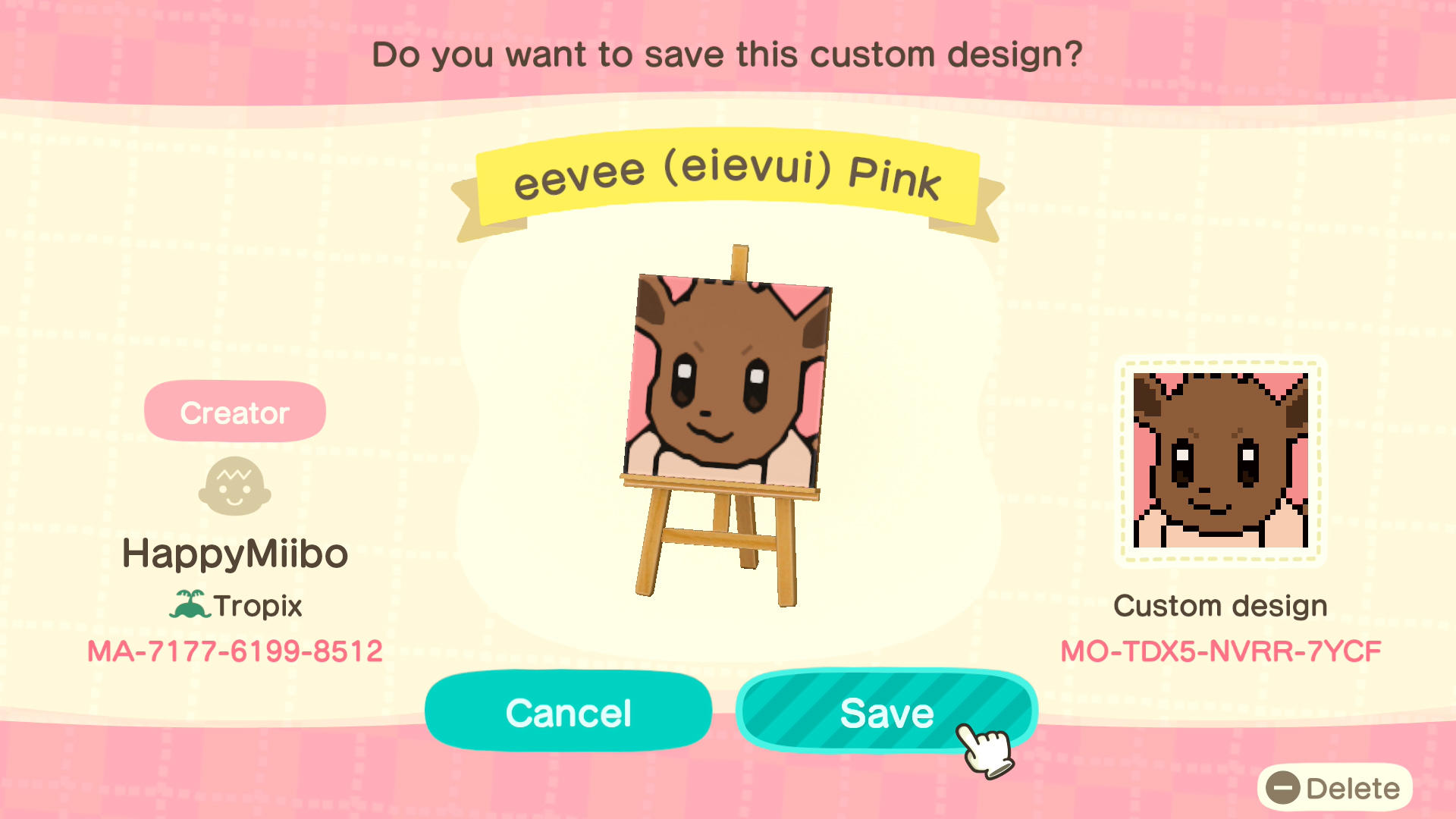 Animal Crossing Design Code: MO-TDX5-NVRR-7YCF Eevee (PinkBG) PMD