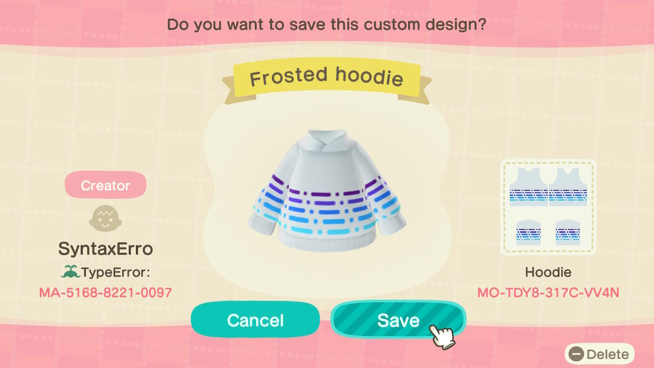Animal Crossing Design Code: MO-TDY8-317C-VV4N Frosted Hoodie