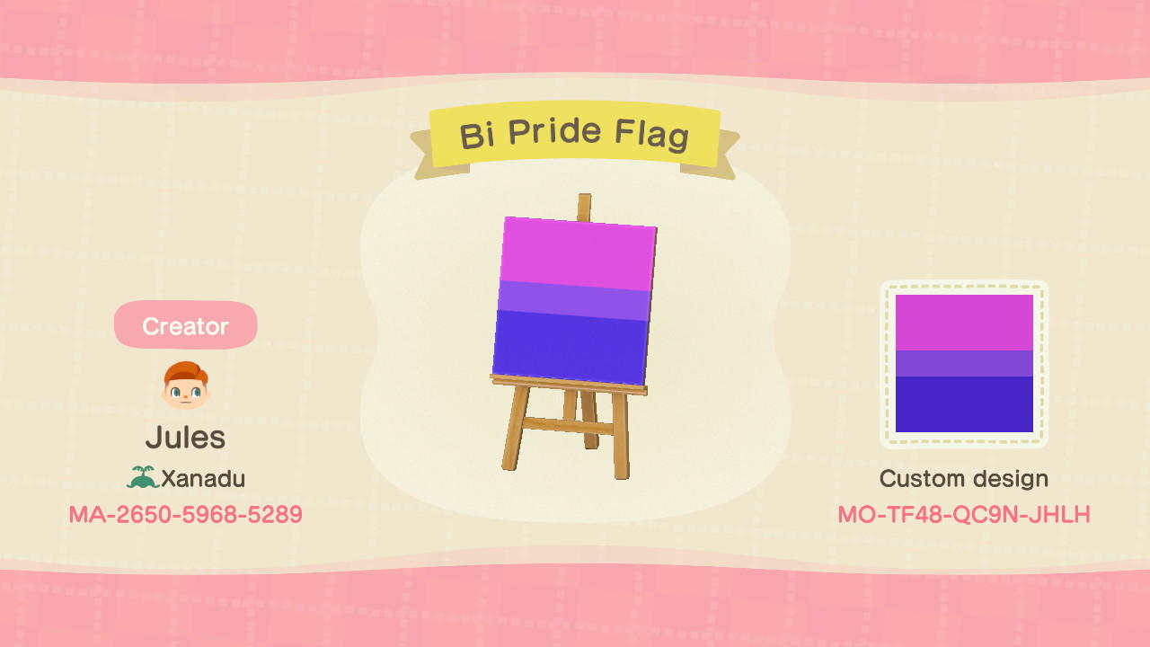Animal Crossing Design Code: MO-TF48-QC9N-JHLH Bi Pride Flag