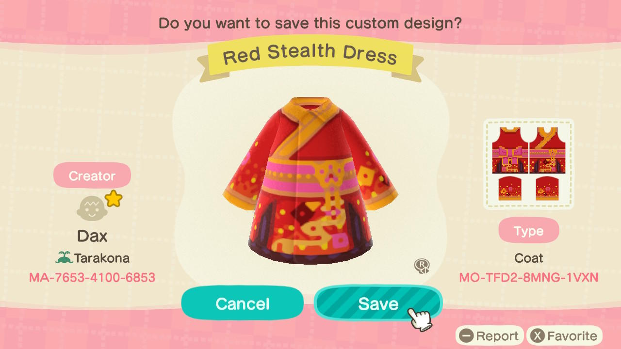Animal Crossing Design Code: MO-TFD2-8MNG-1VXN Red Stealth Dress
