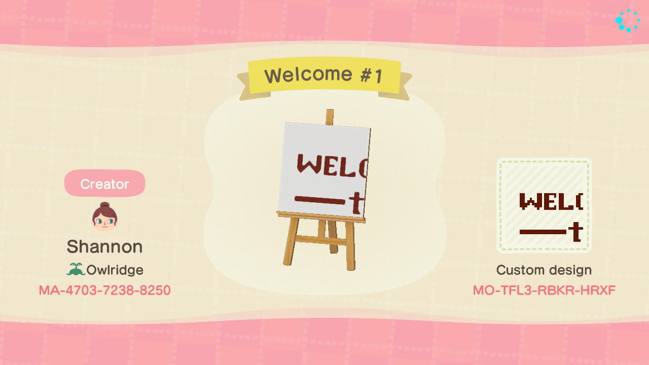 Animal Crossing Design Code: MO-TFL3-RBKR-HRXF Welcome Sign #1