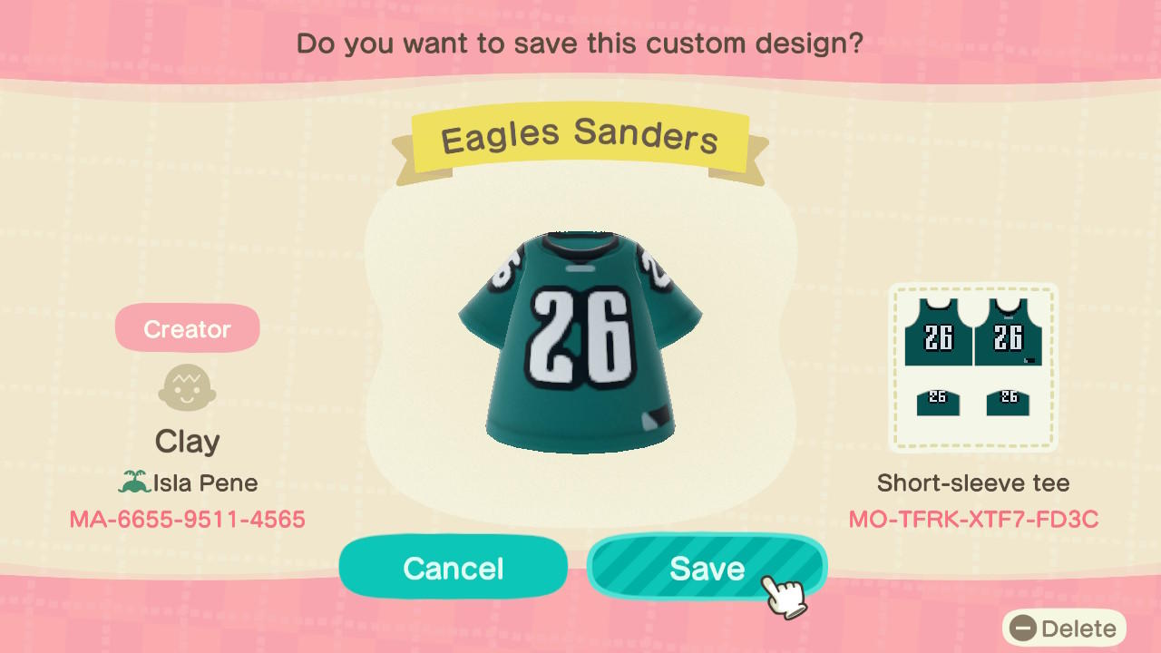 Animal Crossing Design Code: MO-TFRK-XTF7-FD3C Eagles Sanders