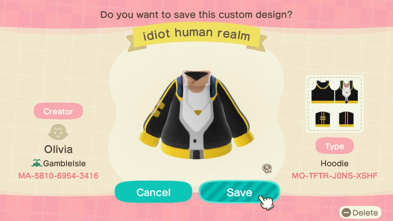 Animal Crossing Design Code: MO-TFTR-J0NS-XSHF Idiot human realm