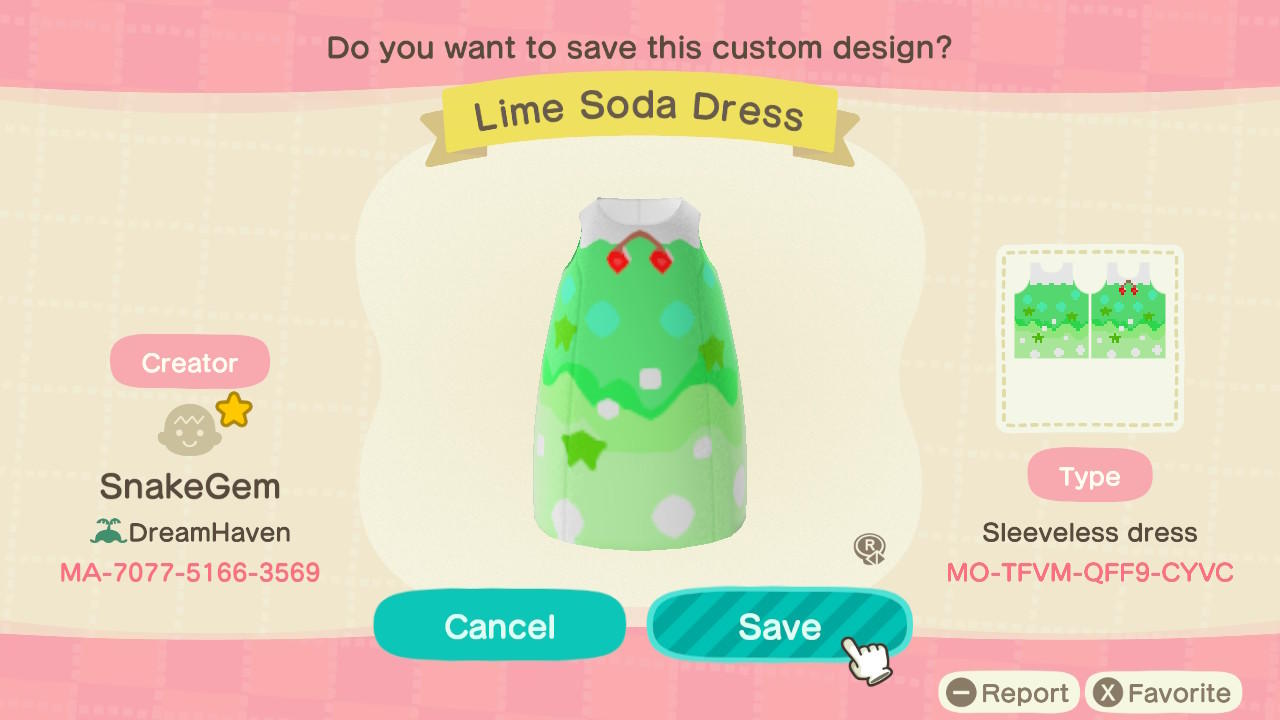 Animal Crossing Design Code: MO-TFVM-QFF9-CYVC Lime-Soda Dress