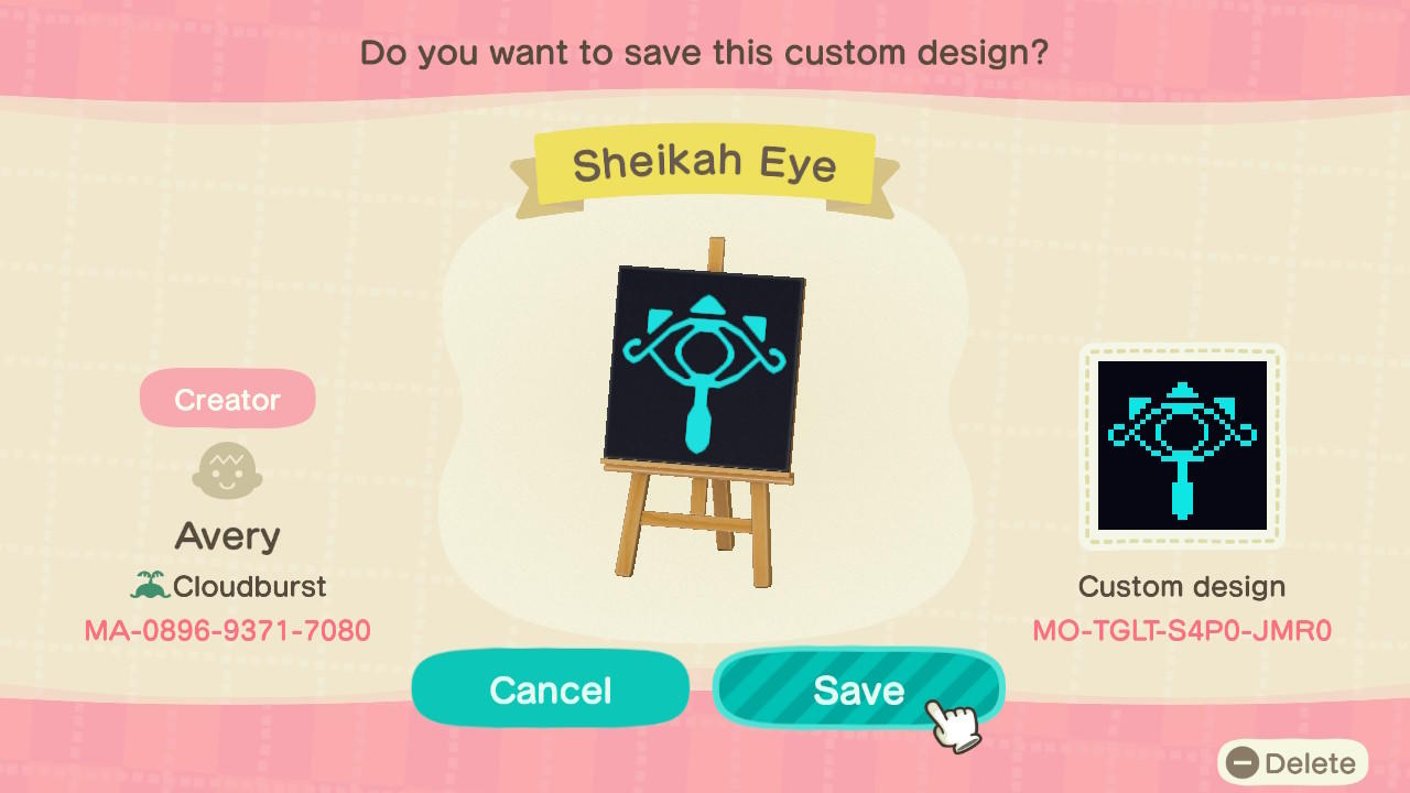 Animal Crossing Design Code: MO-TGLT-S4P0-JMR0 Sheikah Eye