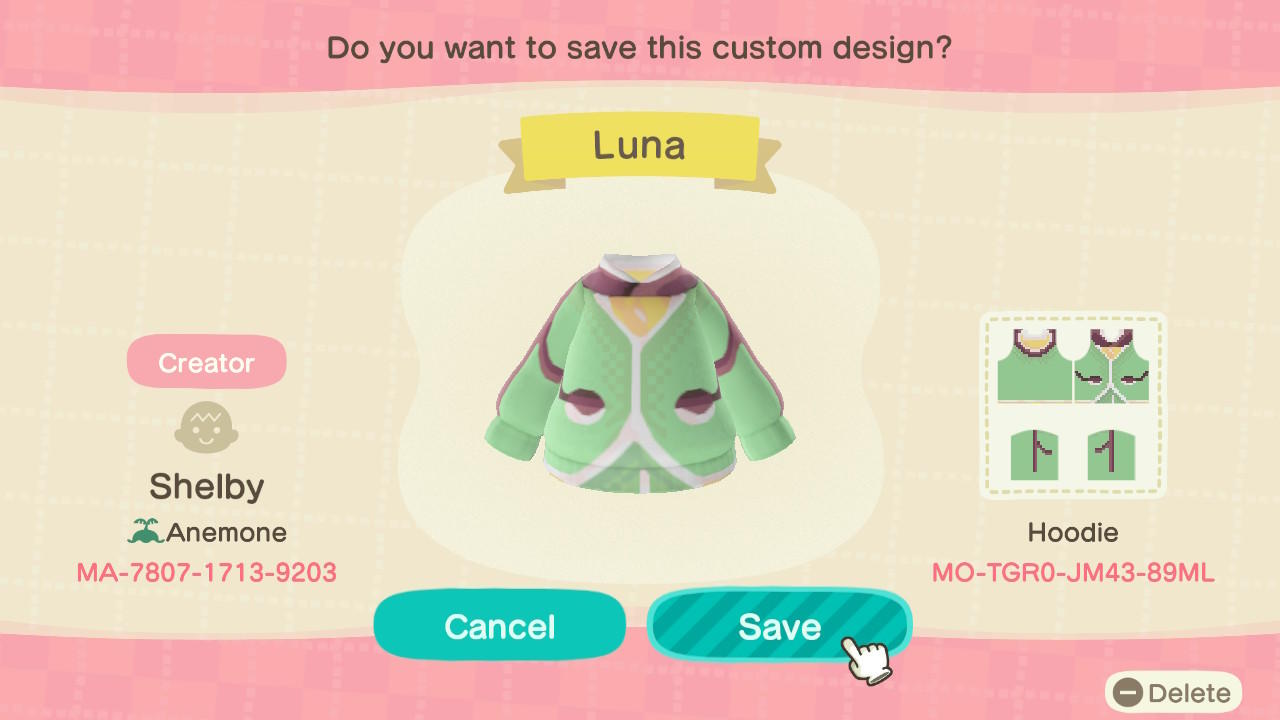 Animal Crossing Design Code: MO-TGR0-JM43-89ML Luna Moth