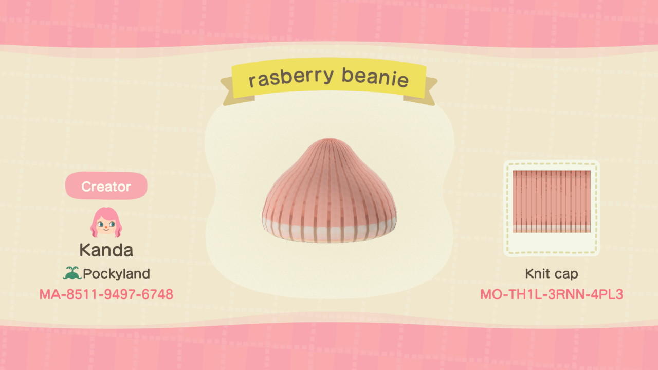 Animal Crossing Design Code: MO-TH1L-3RNN-4PL3 raspberry beanie