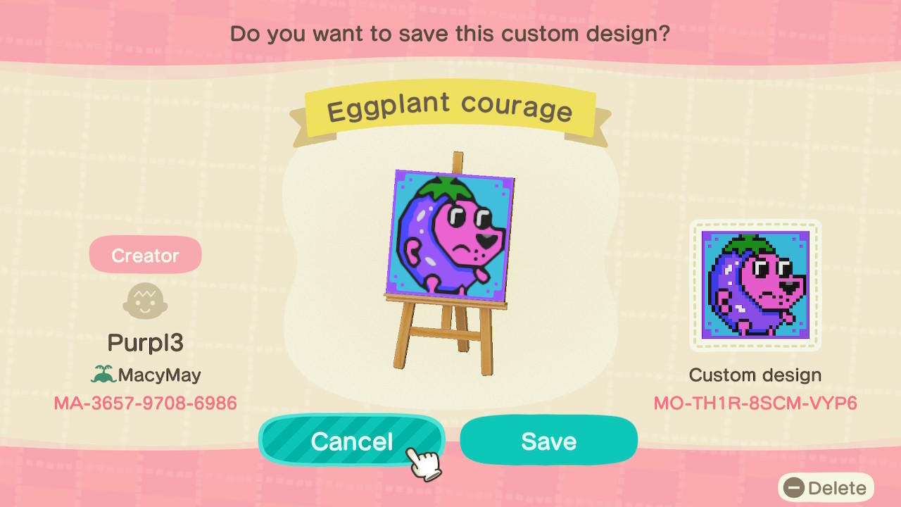 Animal Crossing Design Code: MO-TH1R-8SCM-VYP6 Eggplant courage