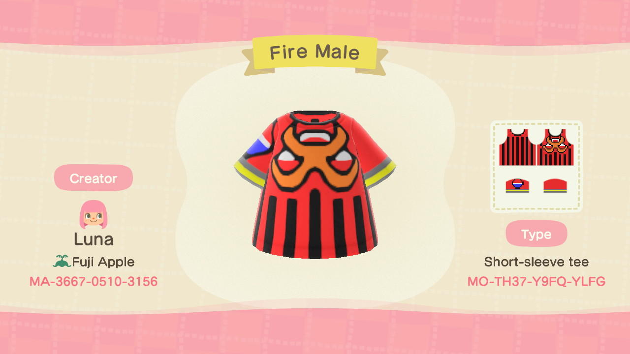 Animal Crossing Design Code: MO-TH37-Y9FQ-YLFG Fire Male