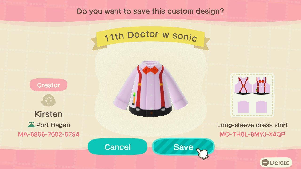 Animal Crossing Design Code: MO-TH8L-9MYJ-X4QP 11th Doctor w sonic