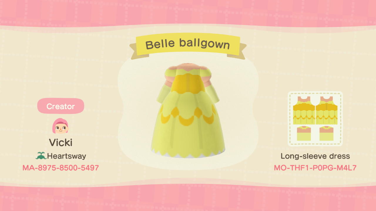Animal Crossing Design Code: MO-THF1-P0PG-M4L7 Disney Belle Gown