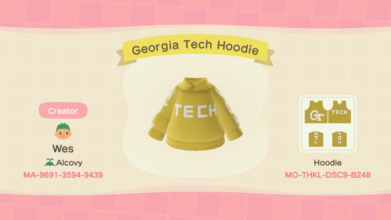Animal Crossing Design Code: MO-THKL-DSC9-B248 Georgia Tech Hoodie
