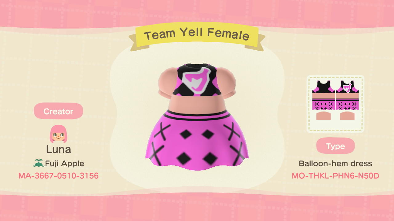 Animal Crossing Design Code: MO-THKL-PHN6-N50D Team Yell Female