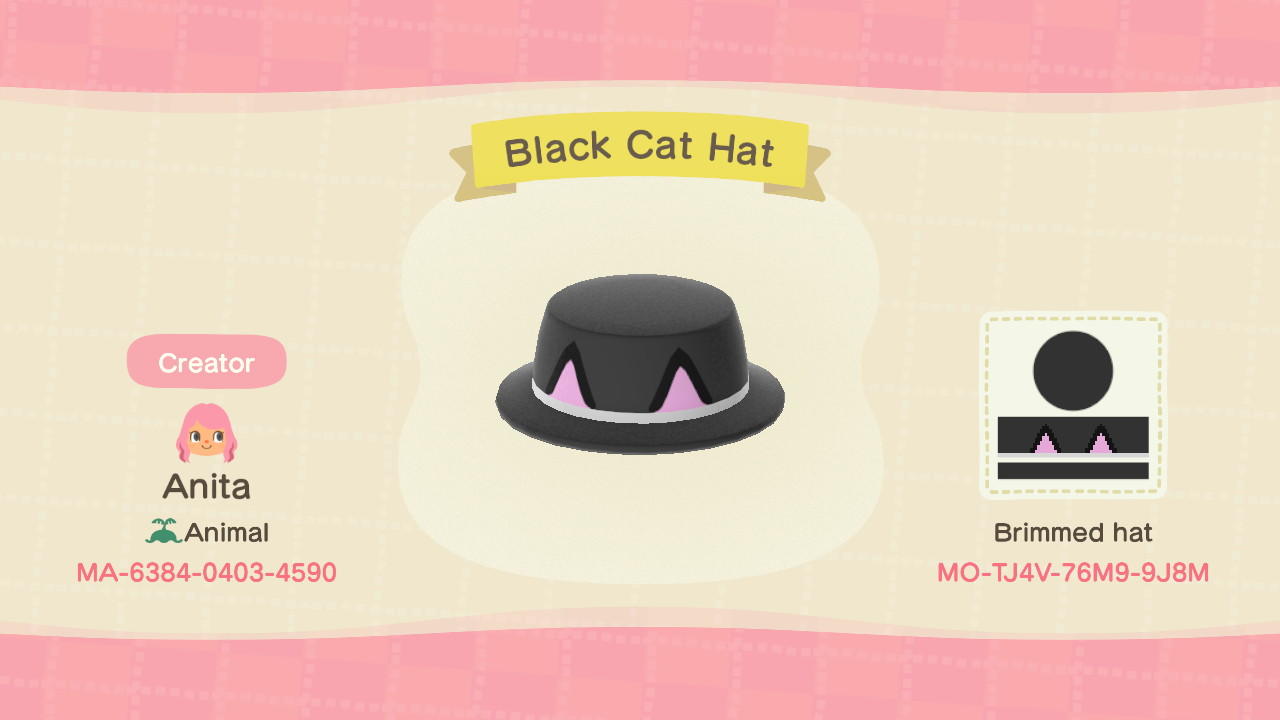 Animal Crossing Design Code: MO-TJ4V-76M9-9J8M Black Cat Hat