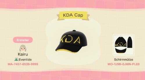 Animal Crossing Design Code: MO-TJ9B-0JWN-PL69 KDA Cap