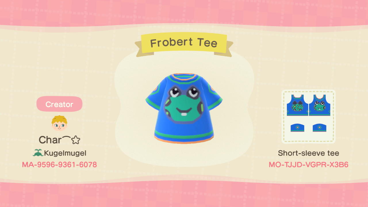 Animal Crossing Design Code: MO-TJJD-VGPR-X3B6 Frobert Tee