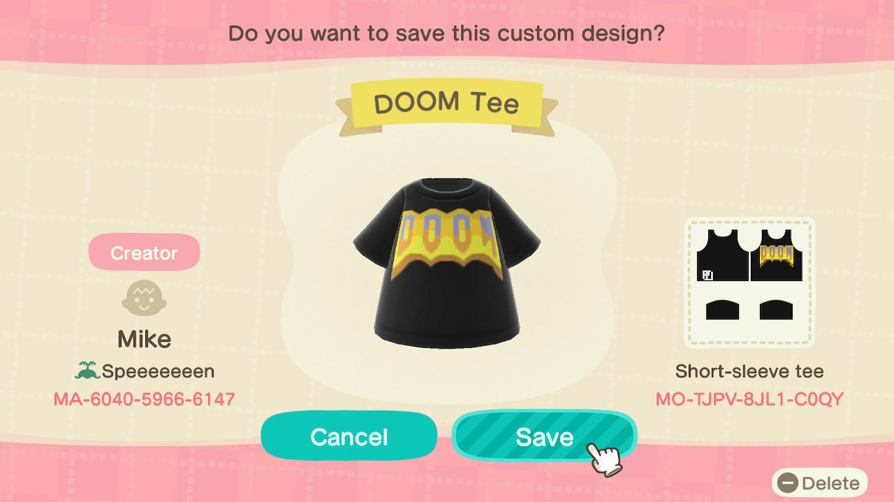 Animal Crossing Design Code: MO-TJPV-8JL1-C0QY DOOM Tee