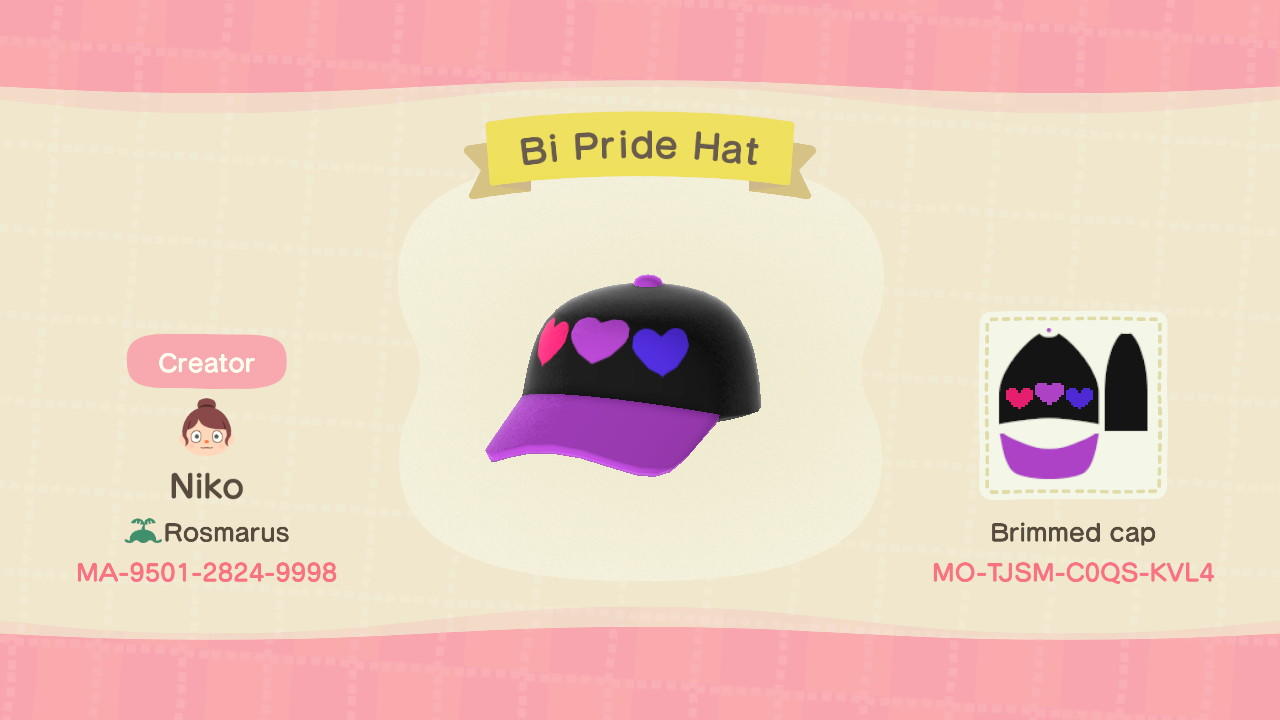 Animal Crossing Design Code: MO-TJSM-C0QS-KVL4 Bi Pride Hat
