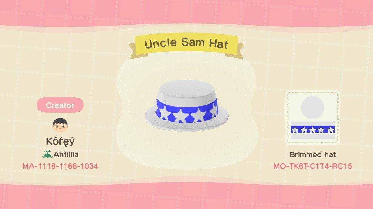 Animal Crossing Design Code: MO-TK6T-C1T4-RC15 Uncle Sam Hat