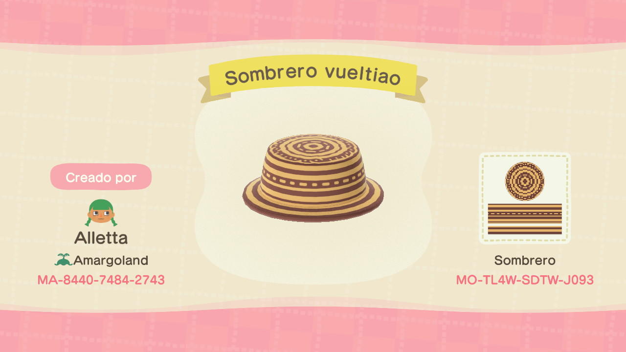 Animal Crossing Design Code: MO-TL4W-SDTW-J093 Sombrero vueltiao