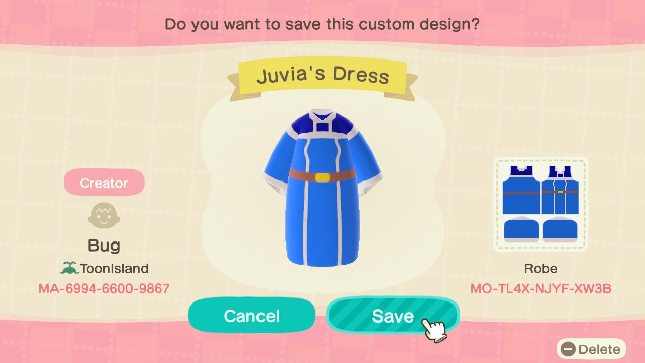 Animal Crossing Design Code: MO-TL4X-NJYF-XW3B Juvia’s Dress