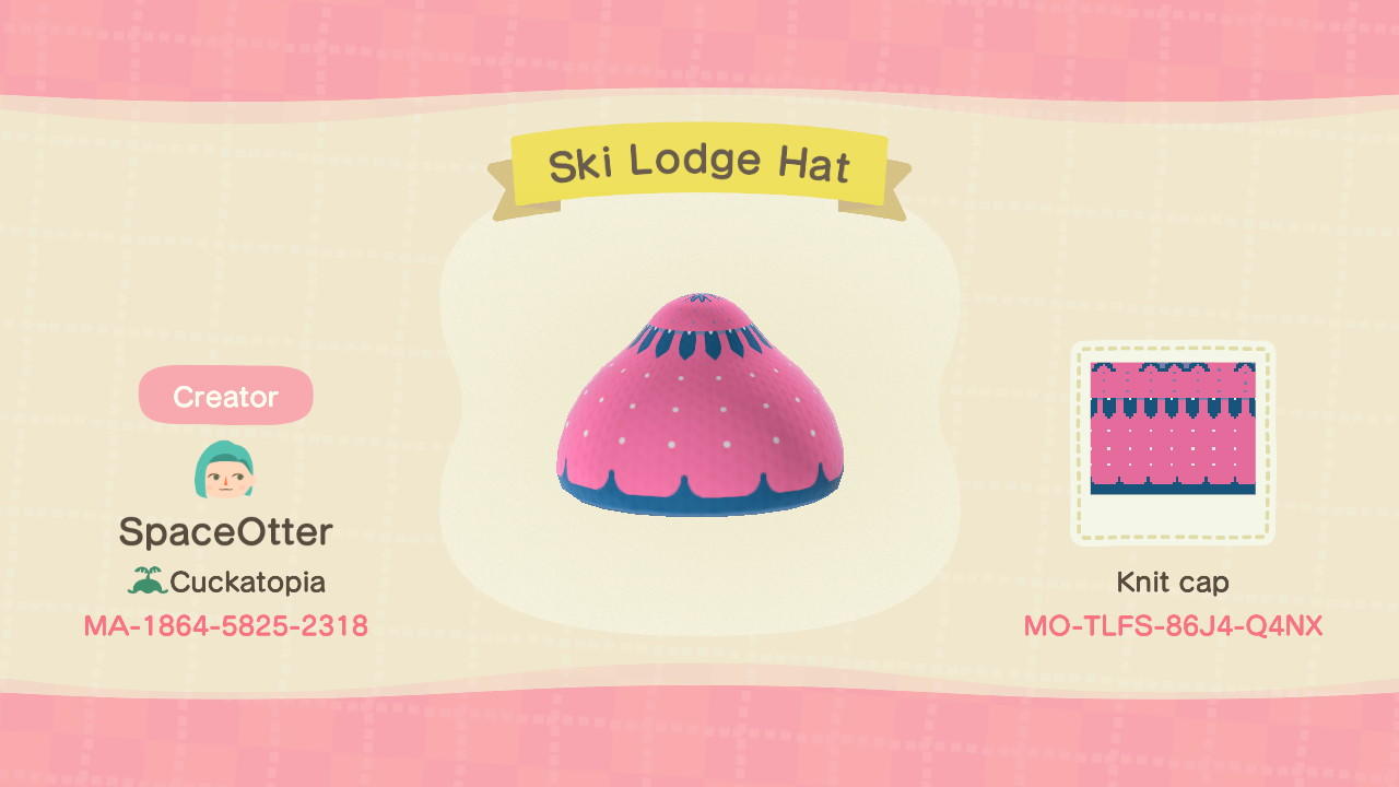Animal Crossing Design Code: MO-TLFS-86J4-Q4NX Ski Lodge Hat