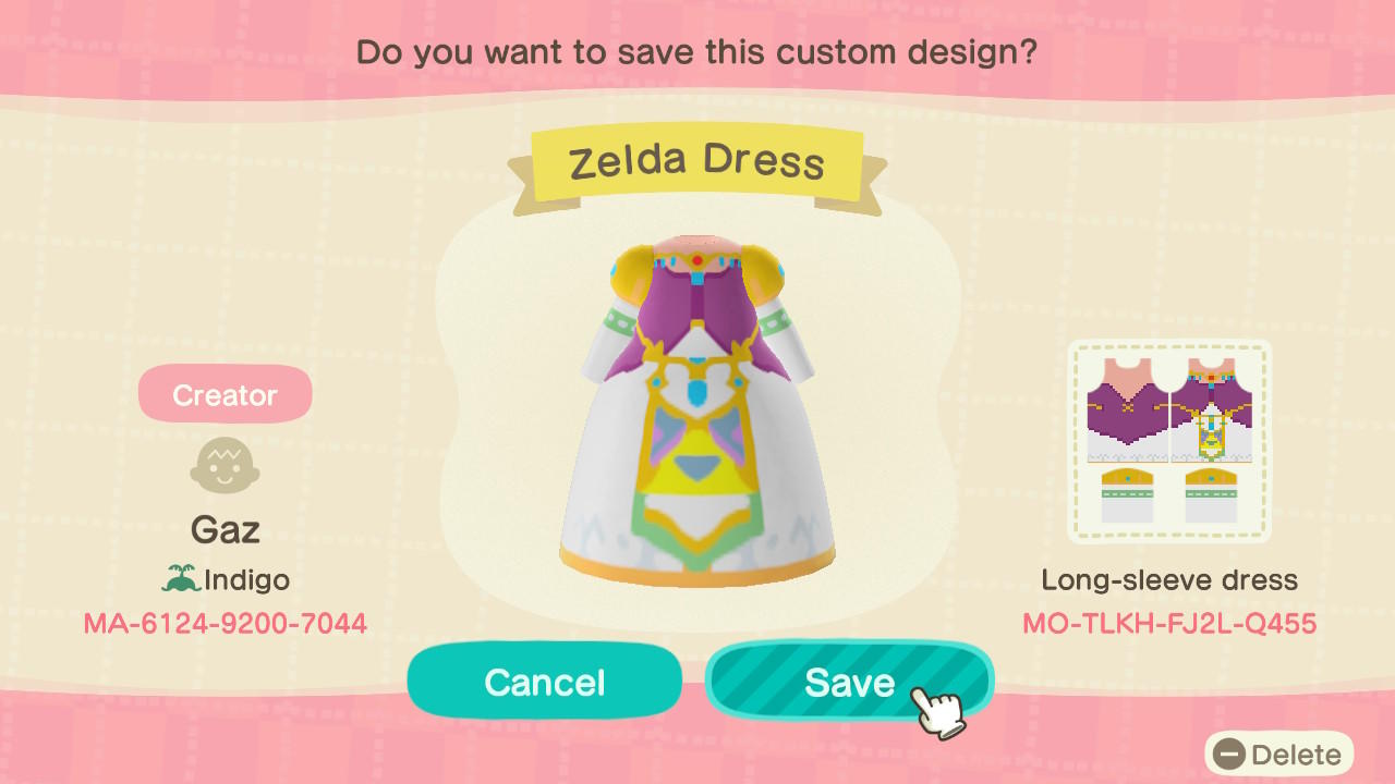 Animal Crossing Design Code: MO-TLKH-FJ2L-Q455 Zelda Dress
