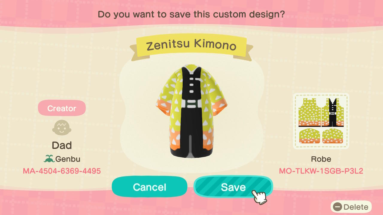 Animal Crossing Design Code: MO-TLKW-1SGB-P3L2 Zenitsu Kimono