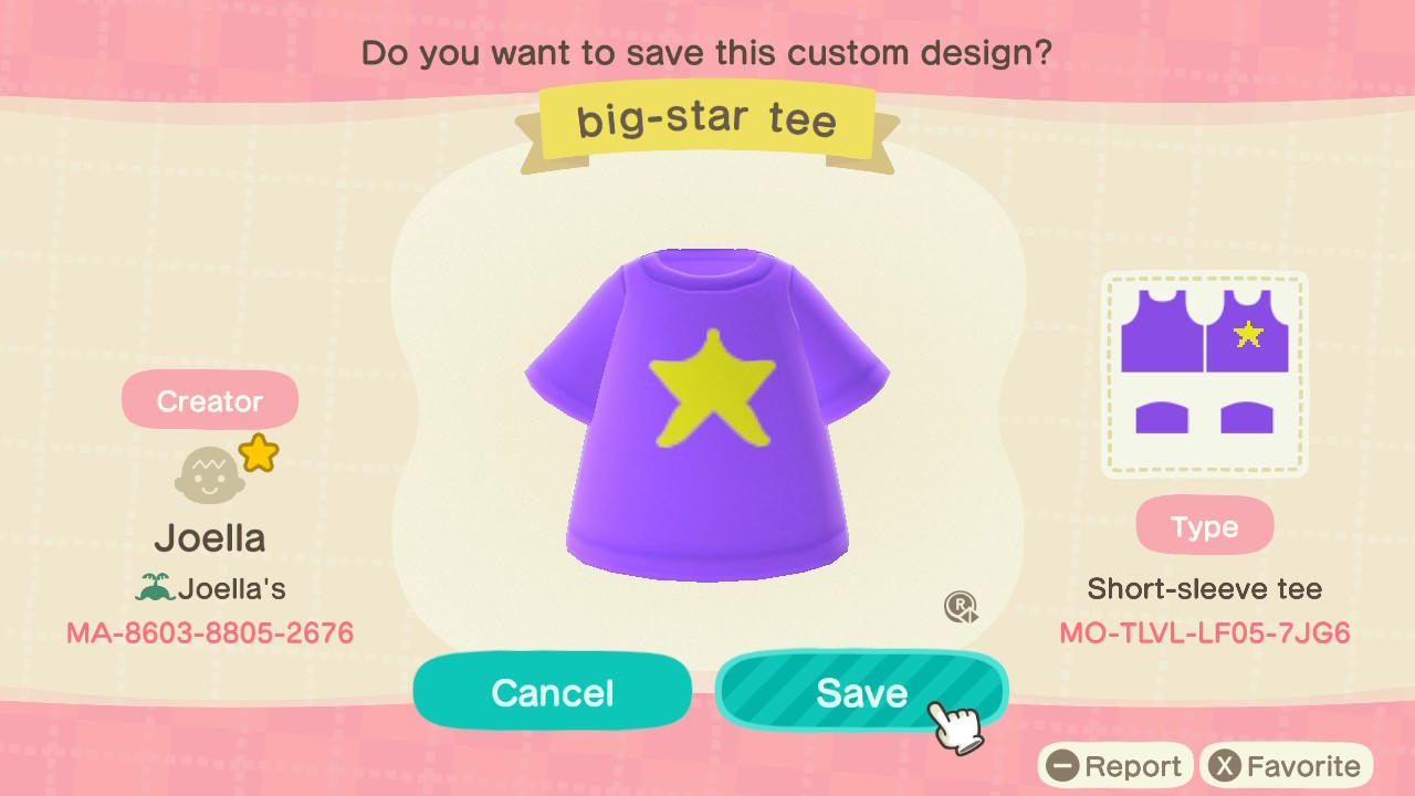 Animal Crossing Design Code: MO-TLVL-LF05-7JG6 big-star tee