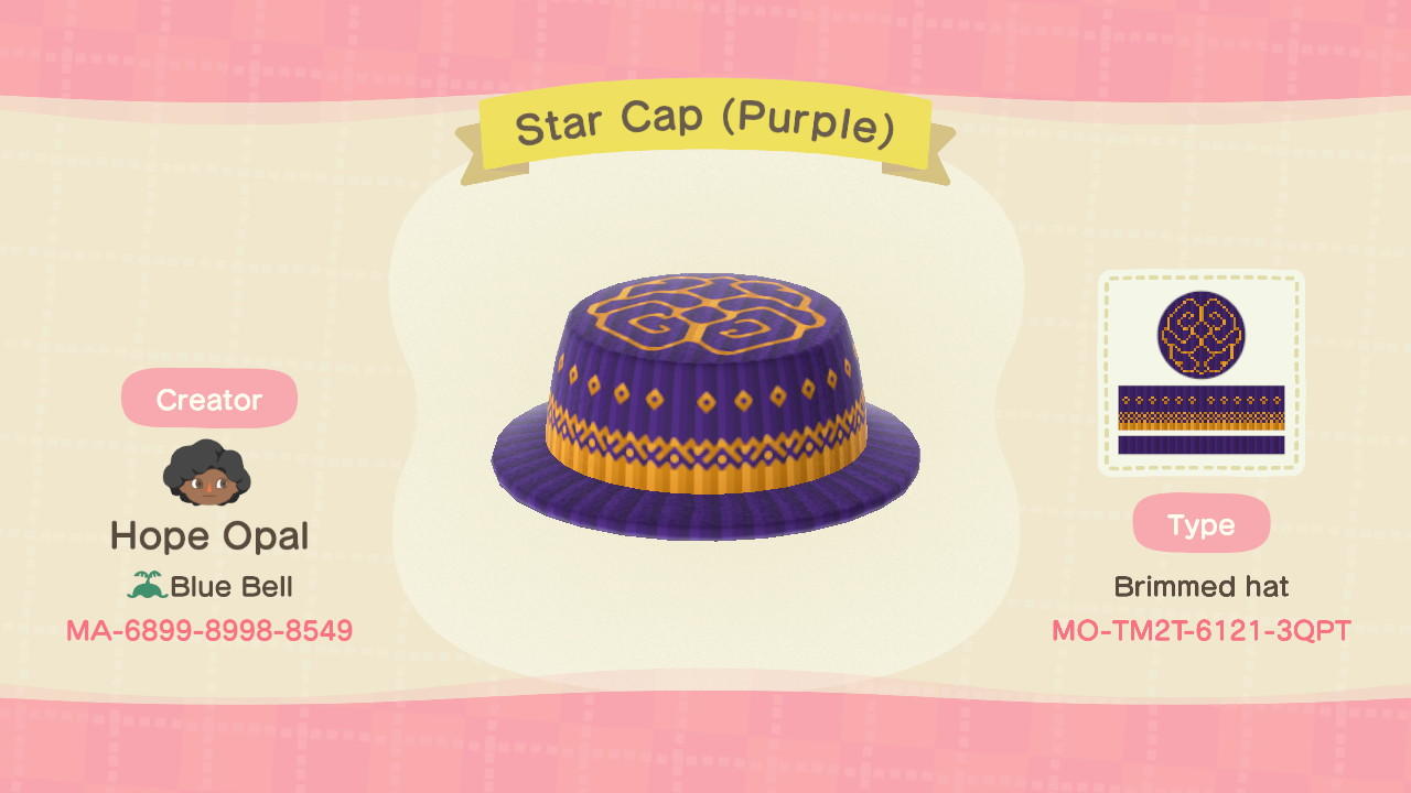 Animal Crossing Design Code: MO-TM2T-6121-3QPT Star Cap (Purple)