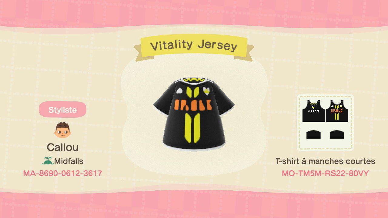 Animal Crossing Design Code: MO-TM5M-RS22-80VY Vitality Jersey