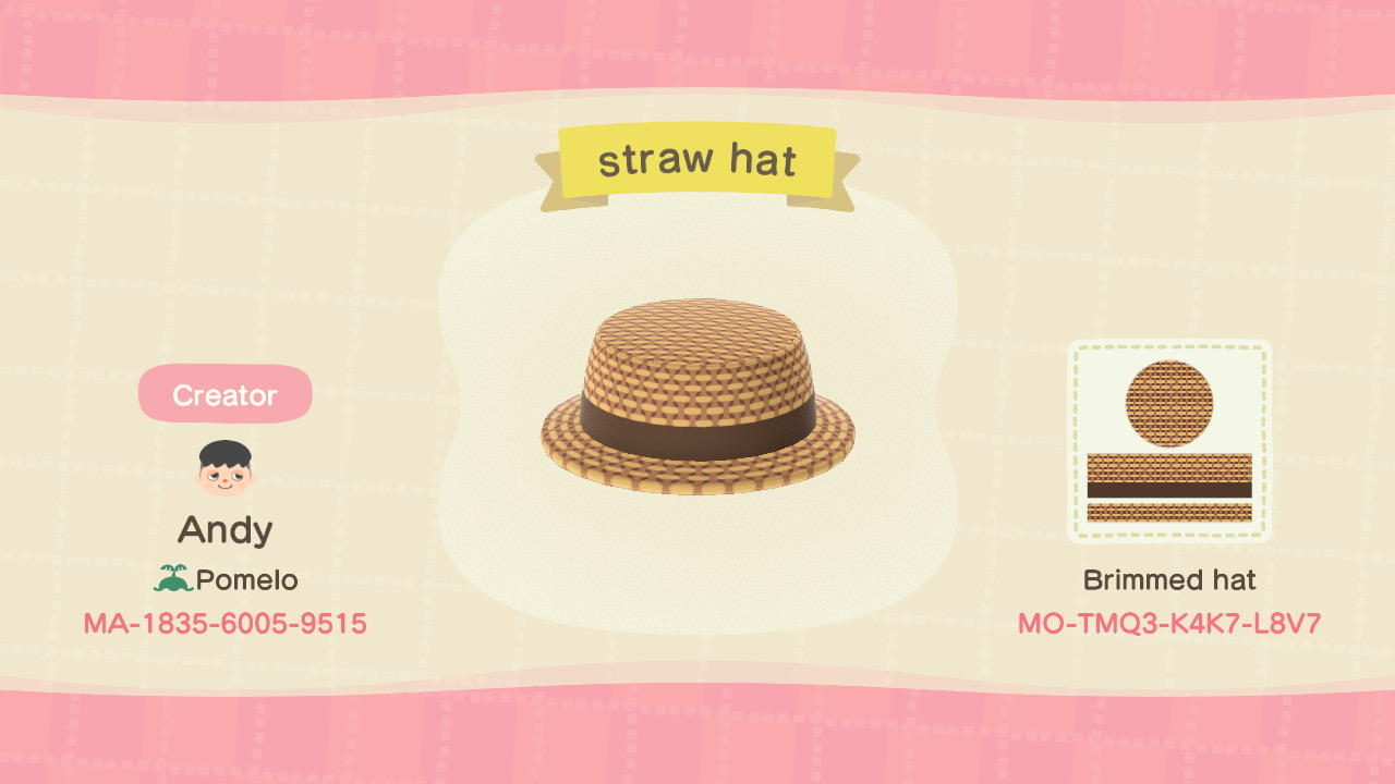 Animal Crossing Design Code: MO-TMQ3-K4K7-L8V7 straw hat